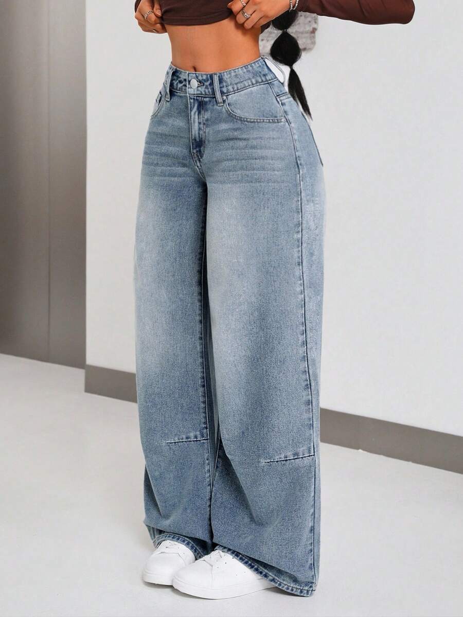 SHEIN ICON Jeans de pierna ancha de uso diario versátil y casual con bolsillos y botones para mujer - Azul - Ver 1