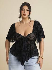 SHEIN BAE Áo cánh tay bèo ren cổ vuông phong cách Gothic cỡ lớn - màu đen - Xem 5