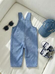 6个月-3岁婴幼儿男童可调节牛仔背带裤，休闲水洗牛仔裤，适合通勤、上学、度假、运动、春夏秋冬穿着 - 藍色 - 查看 2