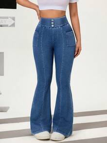 SHEIN Unity Women's Solid Color Pocket Button Elastic Casual Flare Jeans - Blue - View 6