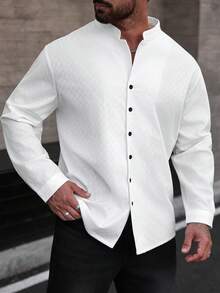 EGENSIO Men's Plaid Ribbed Long Sleeve Mandarin Collar Shirt - White - View 1