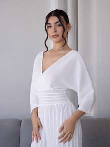 Andrea Bello Women's Solid Color Crossed V-Neck 3/4 Sleeve Ruffle Wide Leg Elegant Jumpsuit - White - View 4