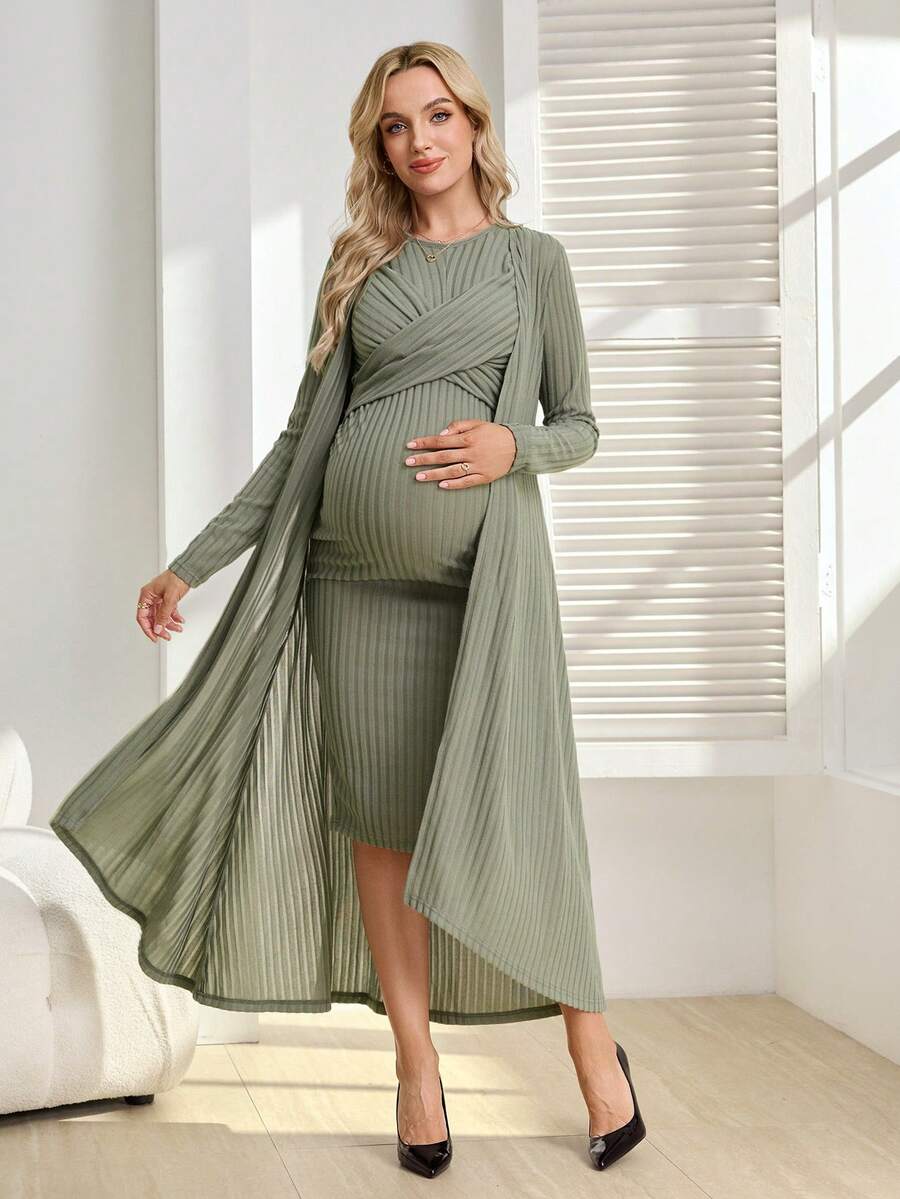 SHEIN 2pcs Maternity Casual Ribbed Camisole & Cardigan Set - Green - View 1