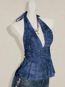 SHEIN ICON Áo ba lỗ hở lưng cổ chữ V sâu, eo thắt kiểu chữ A, phong cách cổ điển - Màu xanh lam - Xem 6