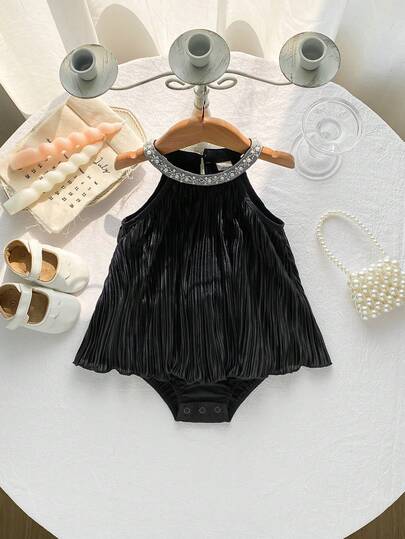 Newborn Baby Girl Elegant & Cute White Ruched Pearl Sleeveless Bodysuit, Versatile For Summer