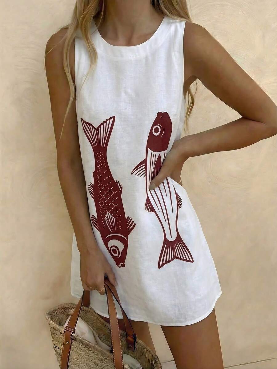 Vaclyn Women's Casual Vacation Fish Print Sleeveless Dress - Apricot - View 1