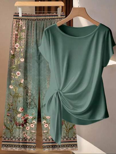 SHEIN Clasi Conjunto de 2 piezas de camisa elegante casual con lazo y pantalones rectos sueltos de estampado floral retro para mujer
