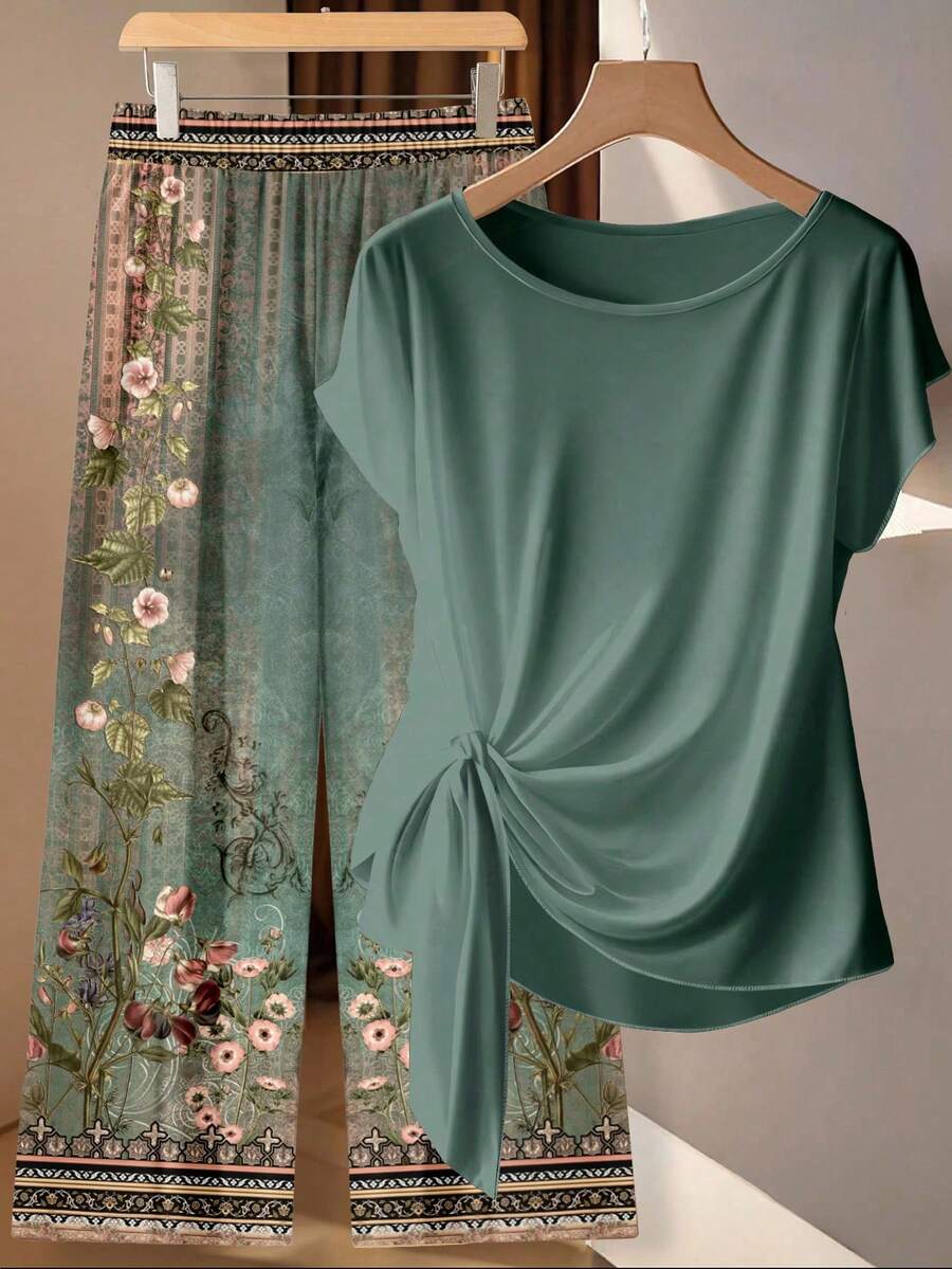 SHEIN Clasi 女士休闲优雅衬衫配蝴蝶结和宽松直筒裤两件套，复古花卉印花 - 彩色 - 查看 1