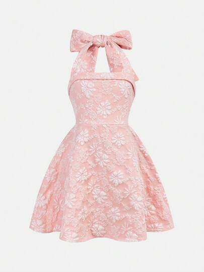 Girlism Tween Girls' Elegant Jacquard Halter Bow Tie Dress, Pink