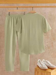 HIMLAND 男士休闲翻领短袖衬衫搭配抽绳长裤套装，春夏秋季 - 綠色 - 查看 2