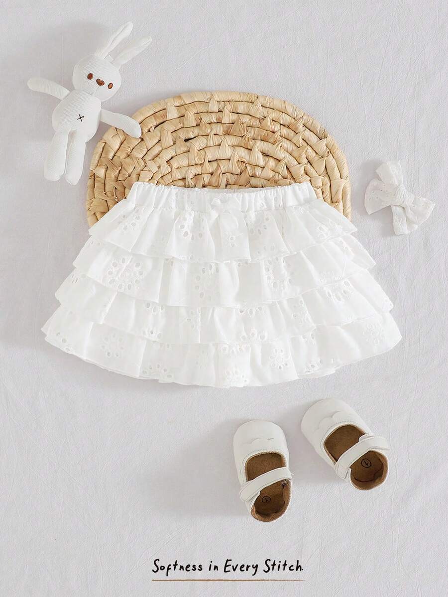 Cozy Pixies Baby Girl Textured Jacquard Fabric Tiered Ruffle Hem Skort With Lining - White - View 1