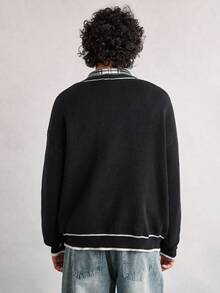 Open Phase 男士V领纽扣条纹针织开衫外套，休闲宽松街头风，适合春、秋、冬三季穿着。