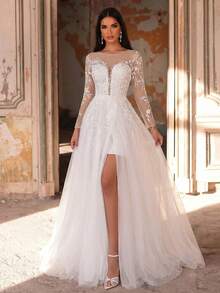 Glamrae 优雅奢华的V领刺绣蕾丝撞色网纱褶裥长裙，开衩拖尾设计，适合婚礼、活动、单身派对、蜜月、新娘礼服、情人节等场合。 - 米色 - 查看 5