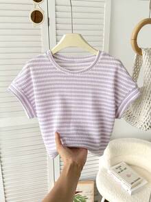 SHEIN Áo thun tay ngắn dáng rộng, vai rớt, chất liệu vải dệt jacquard dành cho bé gái tuổi teen. - Màu tím hoa cà - Xem 4