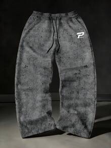 Manfinity ZONE917 Loose Fit Distressed Cement Gray Graphic Print Straight Leg Fleece Sweatpants Best Style 1979 Sweatpants - Multicolor - View 1