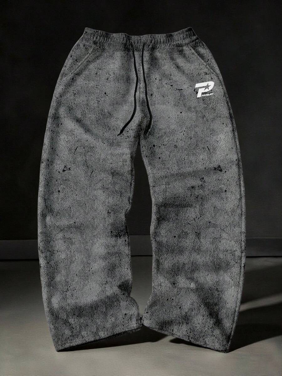 Manfinity ZONE917 Loose Fit Distressed Cement Gray Graphic Print Straight Leg Fleece Sweatpants Best Style 1979 Sweatpants - Multicolor - View 1
