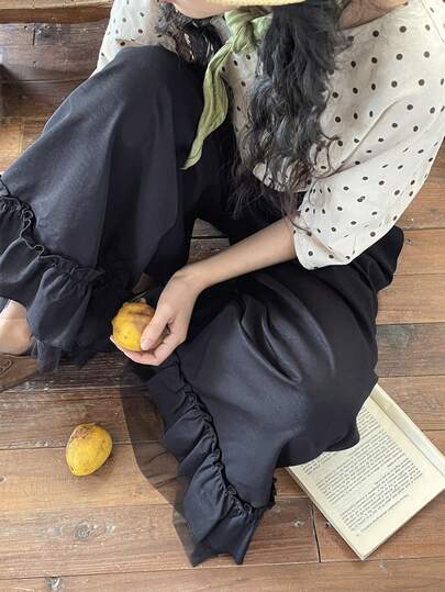 FRIFUL Women's Loose Fit Ruffle Hem Mesh Patchwork Pants