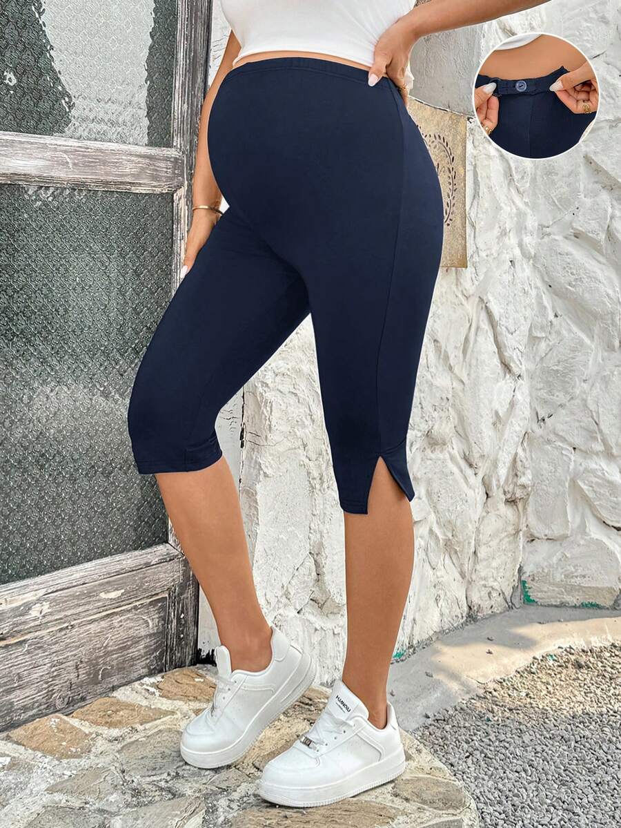 SHEIN Maternity Women's Casual Solid Color High Elasticity Adjustable Waist Leggings - Navy Blue - View 1