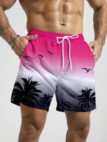 Manfinity KASUA Men's Elastic Waist Drawstring Pocket Palm Tree Print Beach Shorts, Holiday - Hot Pink - View 4