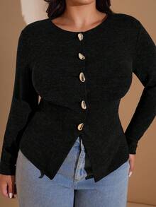 SHEIN BAE Plus Size Women Metal Button Decor Long Sleeve Basic Top/Winter - Black - View 6