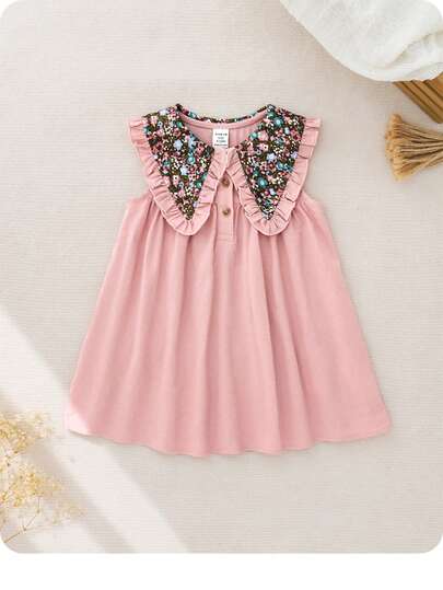 女婴可爱碎花休闲度假彼得潘领连衣裙