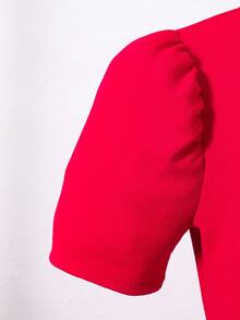 Tween GirlsSummer Wine Red Puff Sleeve Midi Dress With Bow & Pearl Decor, Fashionable, Comfortable, Elegant For Party - Red - View 5