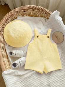 两件套，含帽子，男女宝宝夏季蓝白条纹背带短裤和渔夫帽套装，居家、外出、海滩休闲装 - 黃色 - 查看 5