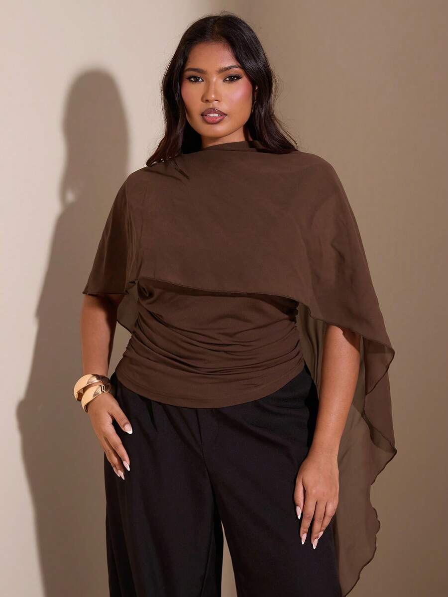 SHEIN BAE Women's Plus Size Chocolate Brown Solid Color Blouse,Autumn Elegant Social Top For Party,Festa,Cocktail,Wedding Guest,Formal Birthday Top - Brown - View 1