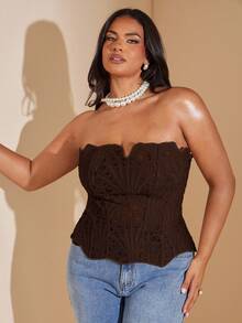 SHEIN BAE Plus Size Women's Fishbone Bralette, Tie-Up, Y2K Cropped Camisole, Suitable For Early Autumn, Spring/Summer - Coffee Brown - View 4