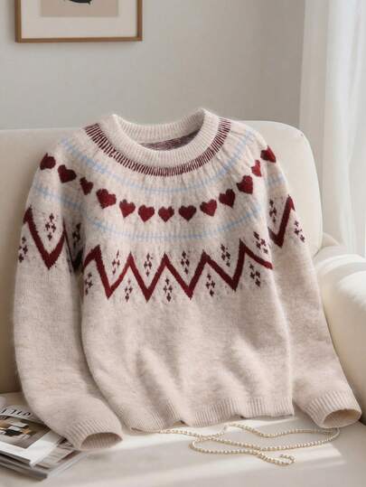 Franclia Autumn/Winter New Fair Isle Jacquard Knit Sweater, Raglan Sleeve Loose Pullover For Plus Size Women Knitwear Winter Sweaters Fall Sweater Womens Sweater Cute Sweater