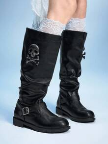 Sugerpunk Women's Metal Skull Decor Buckle Design Fashion Everyday Boots Valentine's Day - Black - View 4