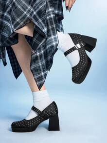 Sugerpunk Spring/Summer New Women Platform Thick Sole Waterproof High Heel Close Toe Mary Jane Strap Hook And Loop High Heels Black Pumps Spring Shoes Spring Break Easter Prom Heels Valentine's Day - Black - View 6