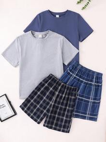 SHEIN 4件套儿童/青少年男童休闲舒适纯色圆领短袖T恤和格子短裤睡衣套装，买二送二，包含蓝色T恤套装、灰色家居服套装和基础款上衣，适合春夏季节、外出、情人节、约会、旅行、度假、家庭聚会、返校、婚礼、晚间活动、运动、生日派对等场合。 - 彩色 - 查看 3
