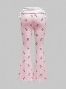 ROMWE J-Fashion Blouse en dentelle brodée de cerfs mignons assortie à un pantalon évasé avec imprimé de cerfs sur tout le vêtement - Rose bonbon - Voir 4