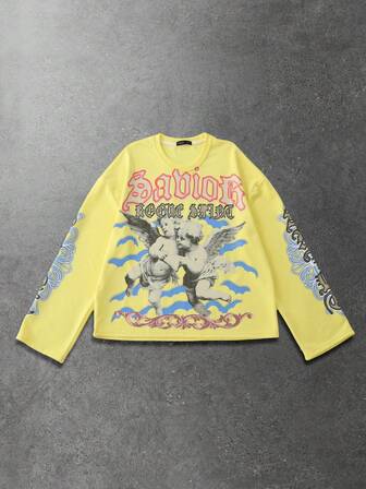 T-shirt à manches longues col rond avec imprimé lettres d'ange, coupe ample pour hommes