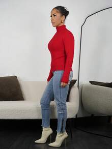 SAYEHFBABY Women Casual Solid Color High Collar Fleece Sweater For Winter For New Year Clothes,Long Sleeve Tops Knit Pullover Fall Outfit - Red - View 6