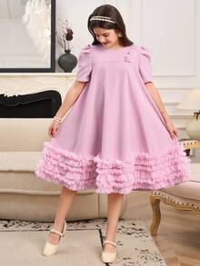 Girl's Elegant Mesh Overlay Dress, Lightweight Luxury Style, Suitable For Spring/Summer Parties And Celebrations, Layered Mesh Presents A Soft And Graceful Aesthetic For Formal Events Dress For Girls Lila Tween Girls Elegant Dress Tween Girl Dress With Sleeve Tween Dusty Pink Dress Tween Ruffle Dress - Pink - View 7