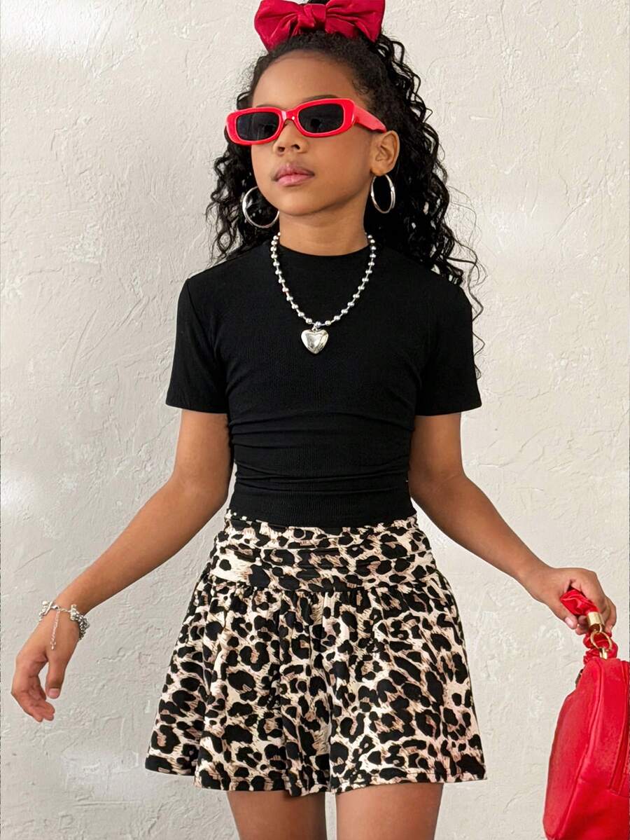 Coolane Kids Bộ váy da báo dễ thương thường ngày mùa thu/đông cho bé gái tuổi teen: Áo crop top tay ngắn và chân váy xếp ly, tốt nghiệp, Giáng sinh, năm mới - màu đen - Xem 1