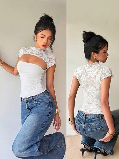 Siren Gaze Women's Solid Color Stand Collar Hollow Out Fitted Lace Patchwork Top, Summer