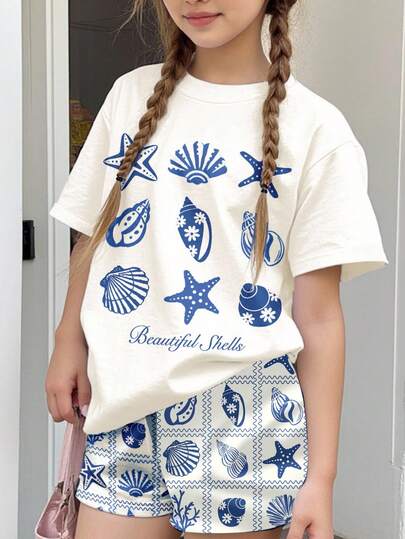 2pcs Tween Girls' Casual Seashell & Beach Graphic Short Sleeve Crew Neck T-Shirt And Shorts Set, Suitable For Summer Vacation, Home, Travel, Chill Summer, Vacay Vibes