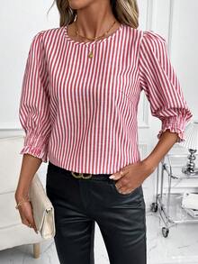 SHEIN Clasi 女士休闲通勤条纹泡泡袖衬衫，夏季 - 紅白色 - 查看 3