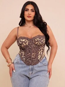 SHEIN BAE Plus Size Women Leopard Print Lace Patchwork Camisole,Top For Women Elegant,Fall Clothes For Women,Autumn Outfits Women,Halloween Costume Women,Winter Clothes For Women,Plus Size Women Clothes,Fall Clothes Plus Size,Elegant,Cheetah Print Bra,Corset - Brown - View 7