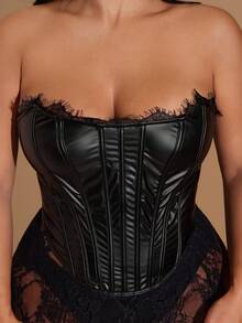 SHEIN BAE 大码女士初秋PU文胸，黑色文胸 - 黑色 - 查看 7