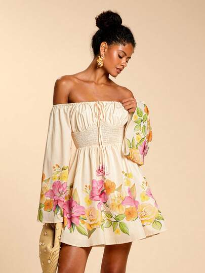 Travachic Women's Floral Print Ruched Bust Off-Shoulder Long Sleeve Mini Dress,Vacation Outfits Woman,Vacay Outfits Women,Beach Vacation Outfits,Summer Outfits For Women,Summer Dresses For Women,Dresses For Women,Summer Dress,Vacation Casual Terno Outfit For Women,Summer Holiday Outfits,Spring Break Outfits,Party Outfit,Beach Outfit,Spring Clothing,Valentine's Day,Valentine Outfits For Women,Carnival Costume,Elegant,Floral,Carnival,Spring To Summer ,Party ,Summer Dress,Valentine's Day Dress,Wedding Guest Dress For Women,Birthday Dress,Party Dress,Elegant Dresses For Women,Floral Dress,Summer Dress,Carnival Costume, Mexican Style Dress Women Boho Dress For Women