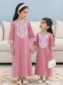 SHEIN Young Girl New Loose Casual Round Neck Retro Pattern Long Sleeve Pink Long Dress, Middle Eastern Traditional Long Robe Dress Abaya Jalabiya - Pink - View 8