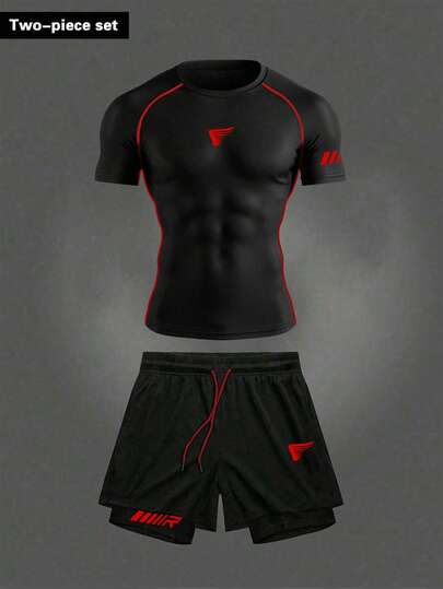 Manfinity Sport Corelite Men's Casual Fitness Sports Short Sleeve T-Shirt & Shorts Set Gym Suit Training Clothes Gym Clothes Men Set Running Set Active Wear Sets Short Sleeve Gym Set Workout Set Compression Shirt Men