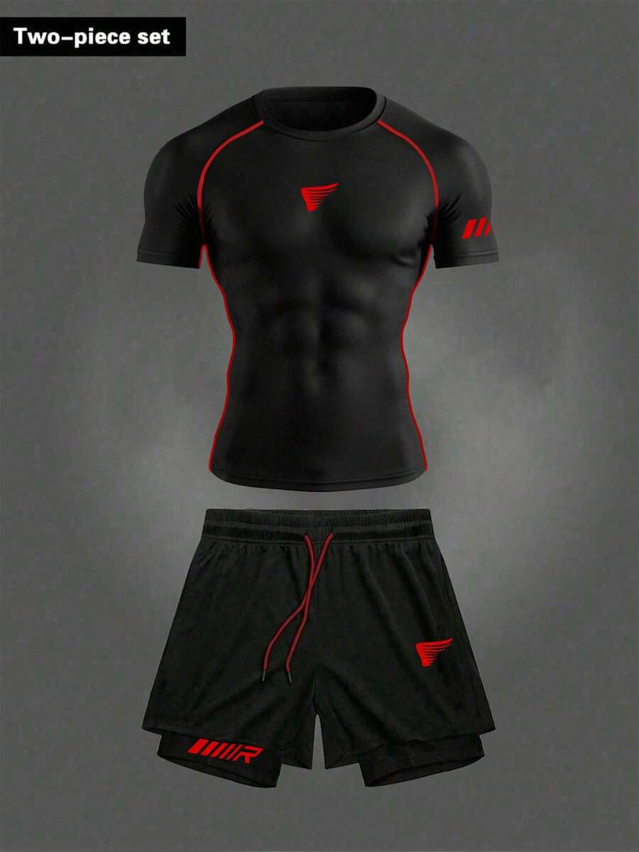 Gym Rark 男士休闲健身运动短袖T恤短裤套装 健身服 训练服 男士健身服套装 跑步套装 运动服套装 短袖健身套装 锻炼套装 压缩衣 - 黑色 - 查看 1