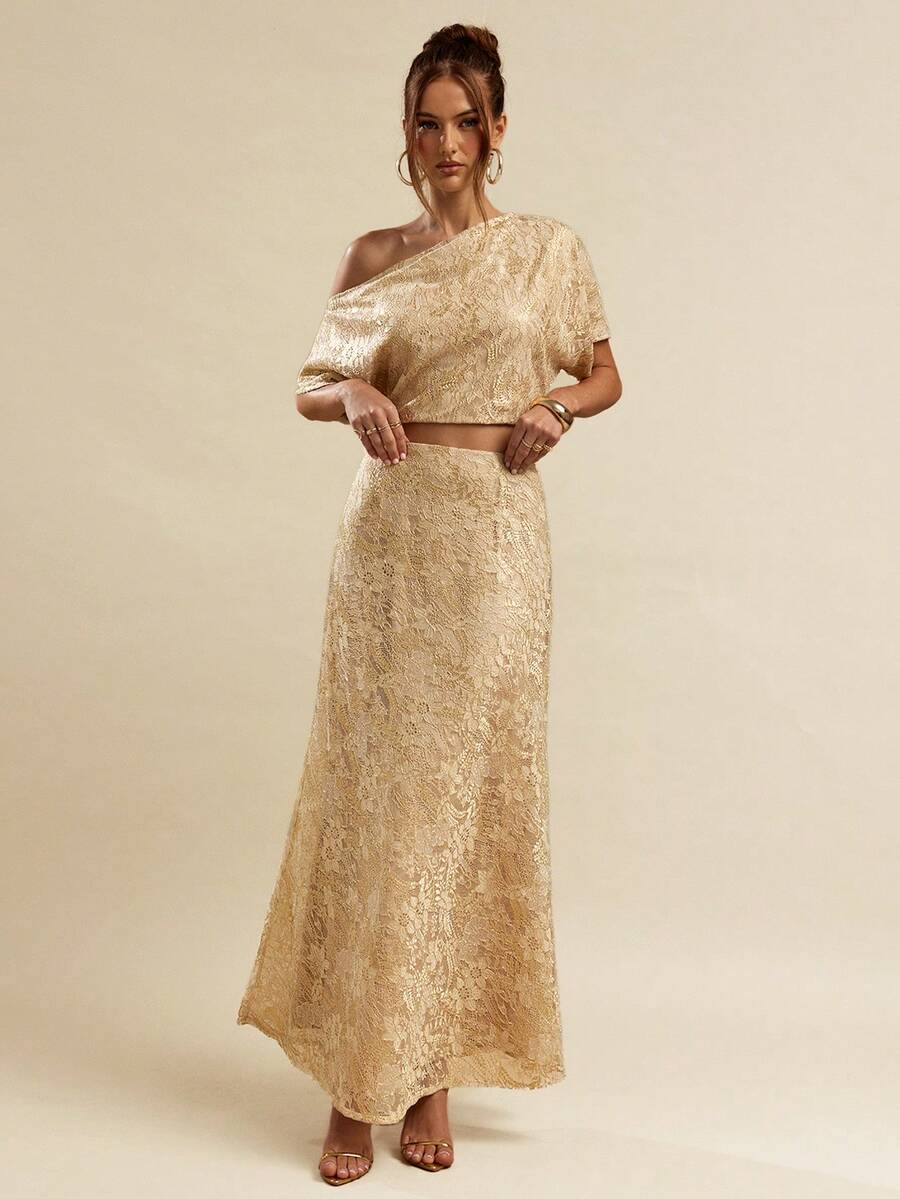 SHEIN BAE Gold Lace Low Waist Extra Long Mermaid Skirt, Gold Skirt, Summer Skirt, Suitable For Nightclub Party, Outing, Autumn Women's Wear, Retro Luxury, Work/Office, Business Casual Occasions, Gold Lace Skirt, Vintage Elegant - Gold - View 1