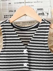 女童夏季休闲针织条纹纽扣吊带背心 - 黑與白 - 查看 4