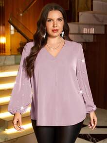 EMERY ROSE Plus Size Women Pearl V-Neck Solid Color Blouse/Summer/Spring/Vacation - Pink - View 3